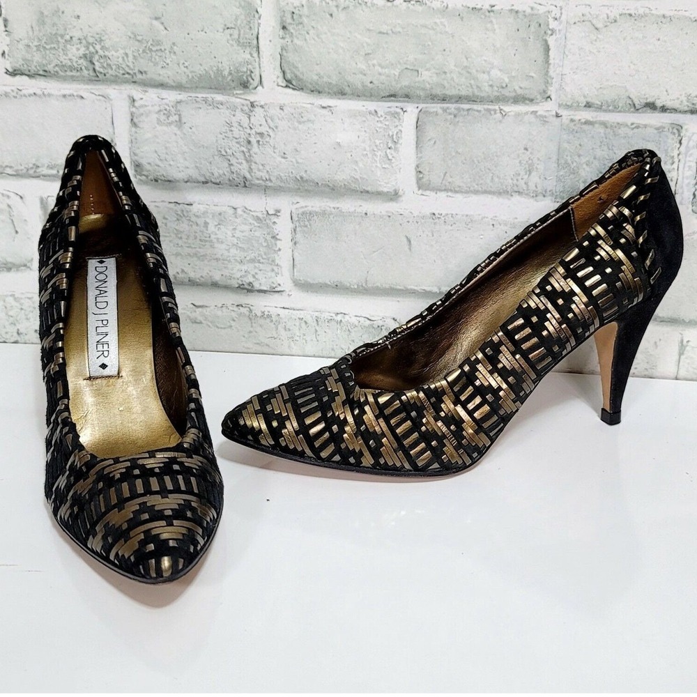 Donald J Pliner Woven Black Gold Metallic Pointed Toe Pumps Heels Size 7.5 M